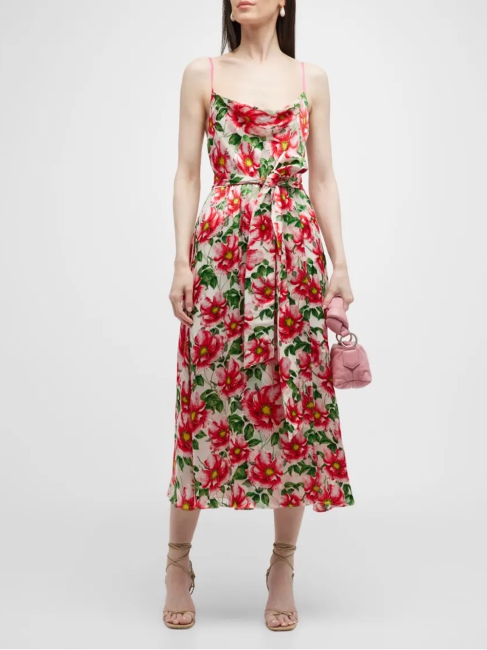 Alice + Olivia Pink Floral Cowl Neck Midi Dress Size 0 Spring Wedding Guest Slip